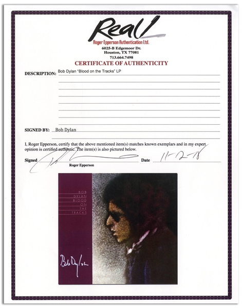 Bob Dylan Signed Album ''Blood on the Tracks'' -- With Roger Epperson COA